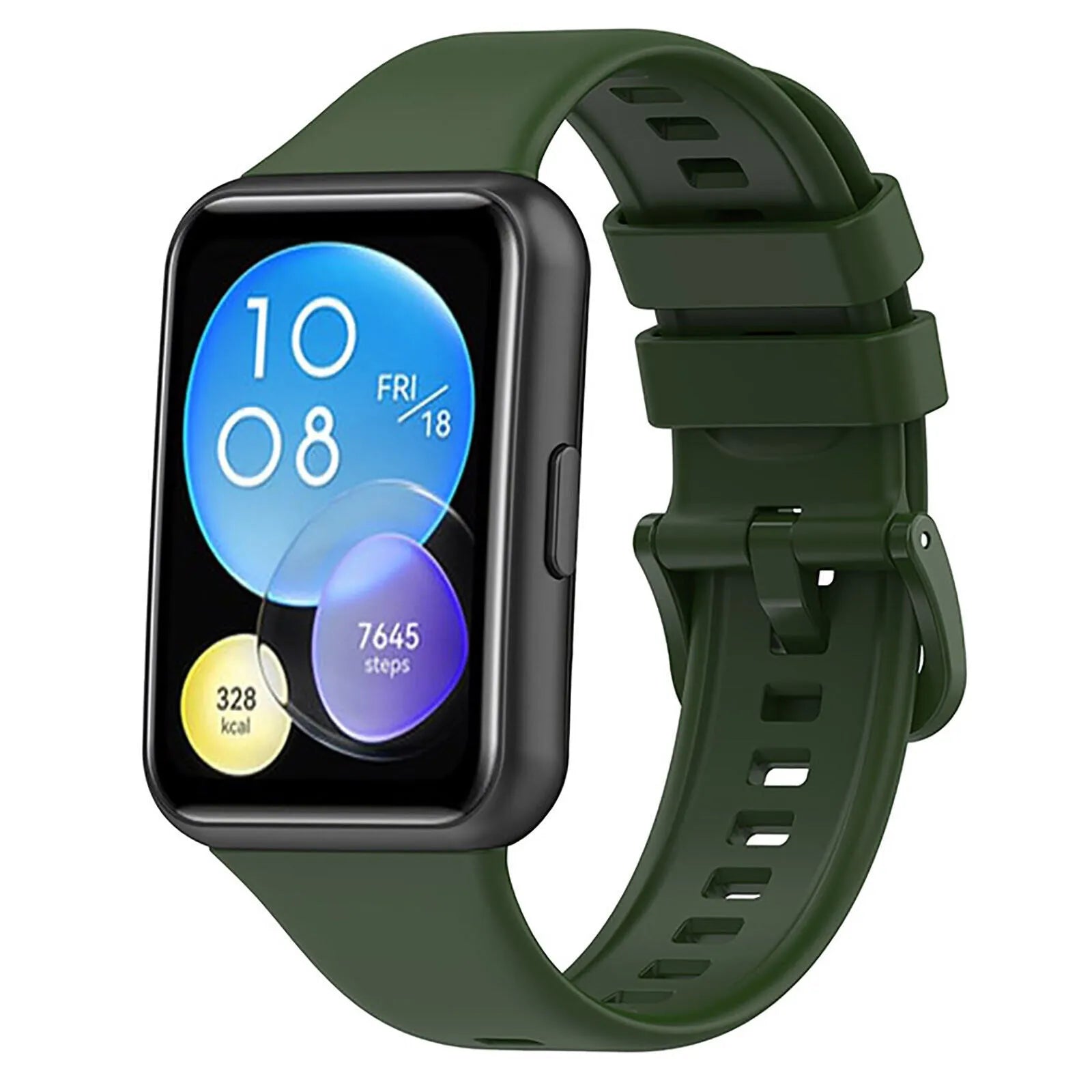 Silicone Strap, army green, on a watch, 3/4 front view