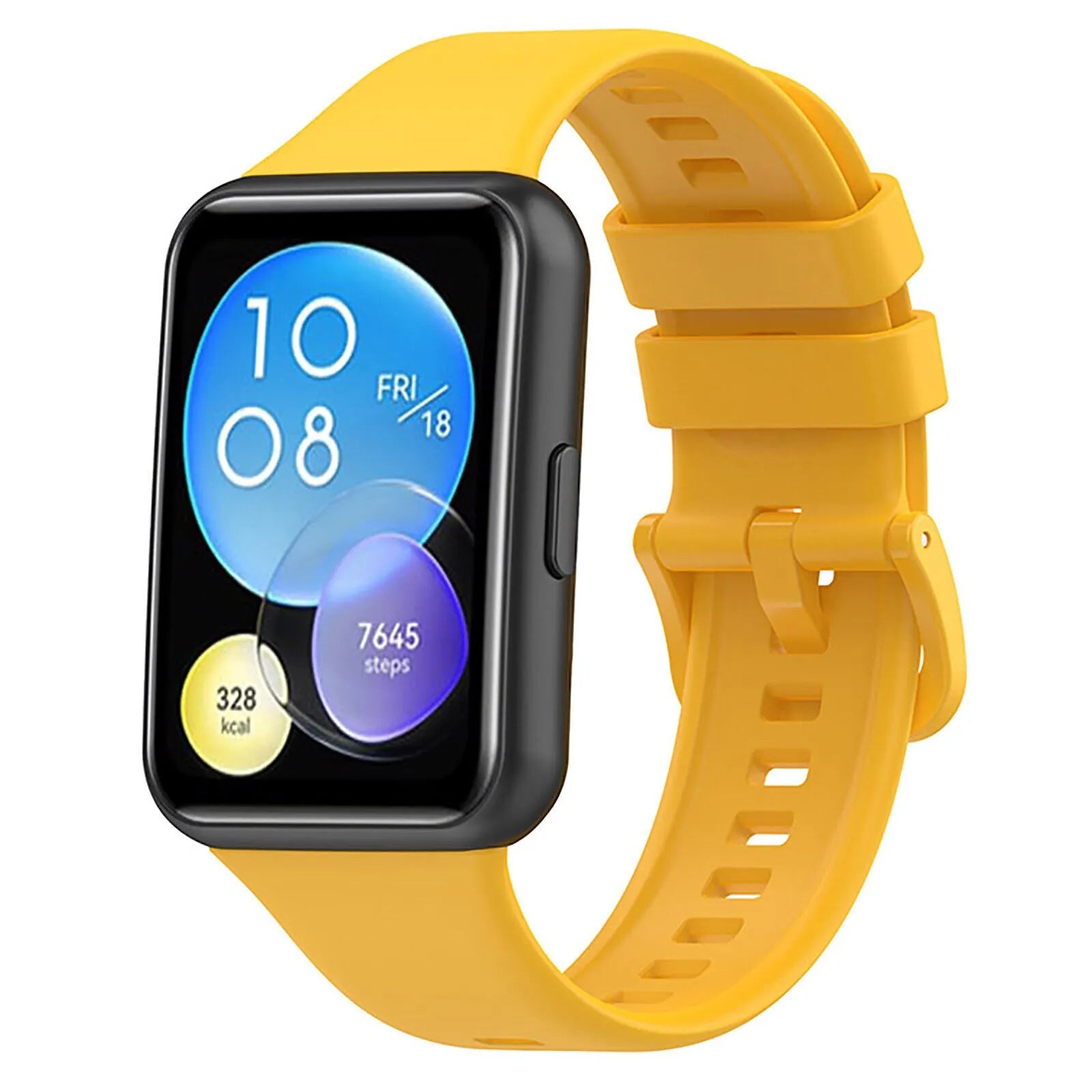 Silicone Strap, yellow, on a watch, 3/4 front view