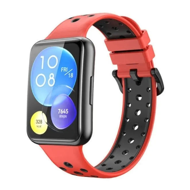 Silicone Sport Strap, red/black, on a watch, 3/4 front view