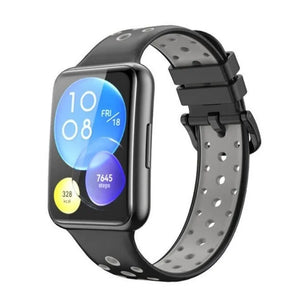 Silicone Sport Strap, black/grey, on a watch, 3/4 front view