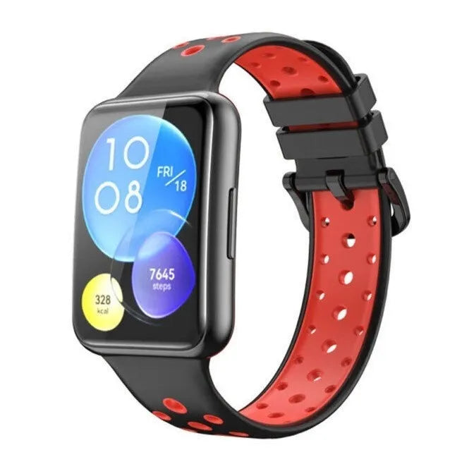 Silicone Sport Strap, black/red, on a watch, 3/4 front view