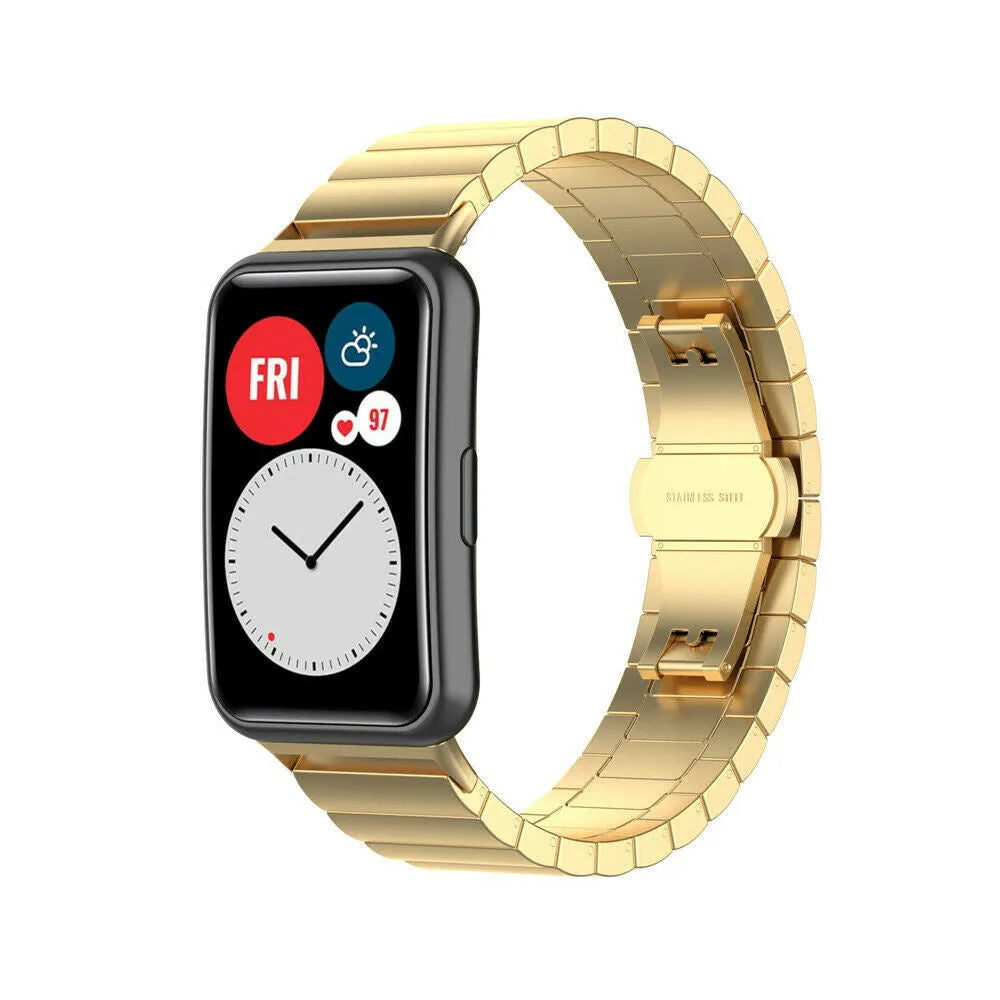 Metal Strap, gold, on a watch, 3/4 front view