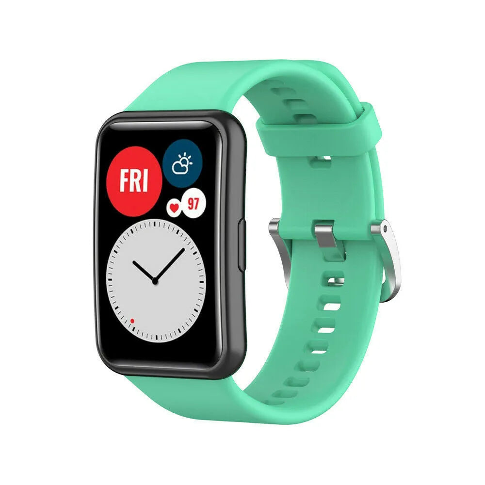 Silicone Strap, aqua, on a watch, 3/4 front view