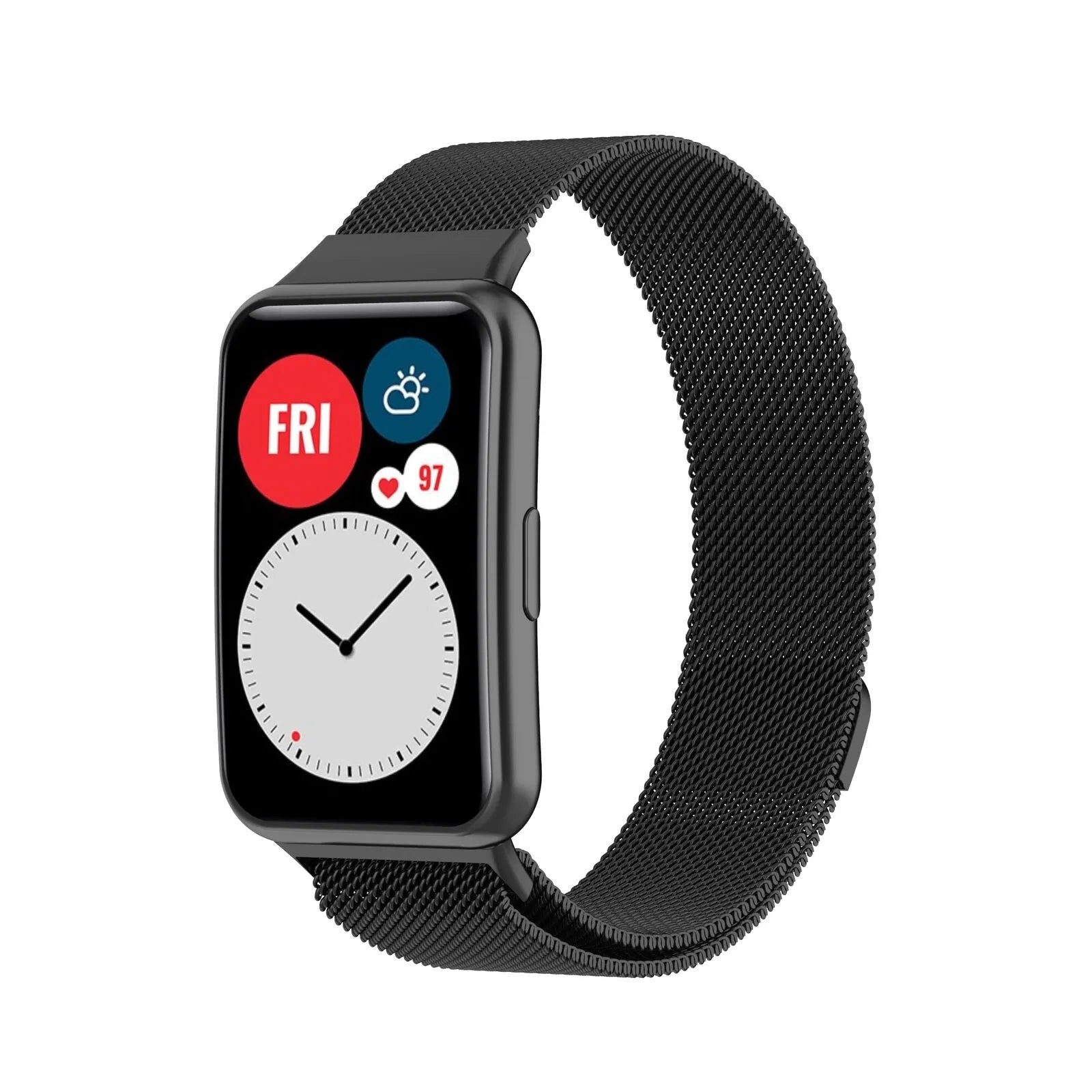 Milanese Strap, black, on a watch, 3/4 front view