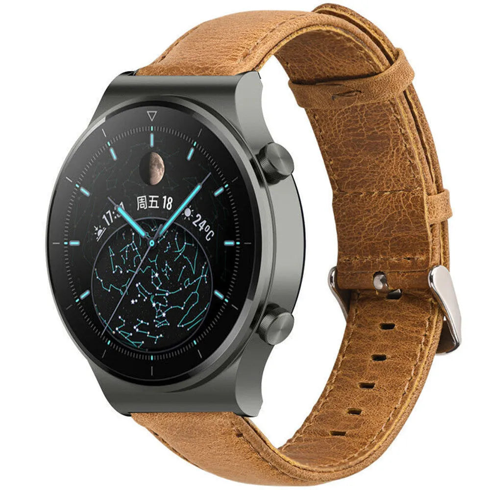 Leather Strap, brown, on a watch, 3/4 front view