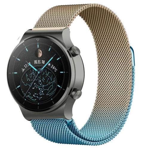 Milanese Strap, blue/gold, on a watch, 3/4 front view
