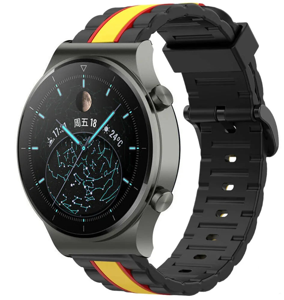 Silicone Special Edition Strap, black/yellow, on a watch, 3/4 front view