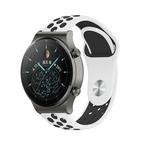 Silicone Sport Strap, white/black, on a watch, 3/4 front view