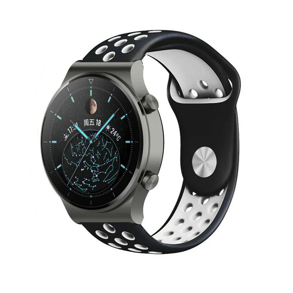Silicone Sport Strap, black/white, on a watch, 3/4 front view