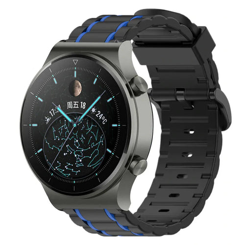 Silicone Sport Strap with Buckle, black/blue, on a watch, 3/4 front view