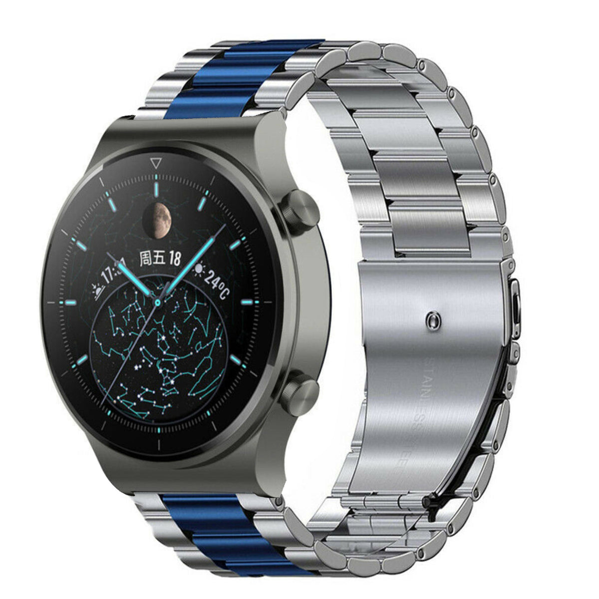 Steel Strap, silver/blue, on a watch, 3/4 front view