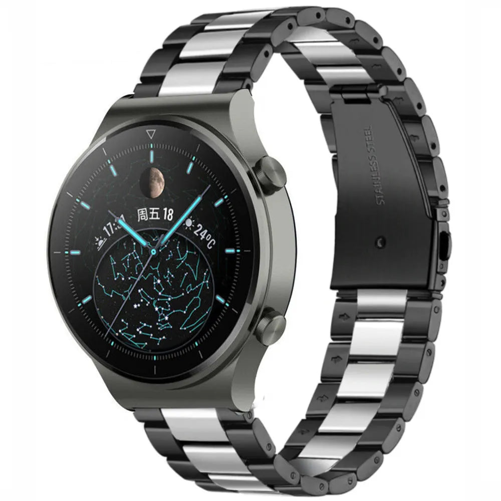Steel Strap, black/silver, on a watch, 3/4 front view