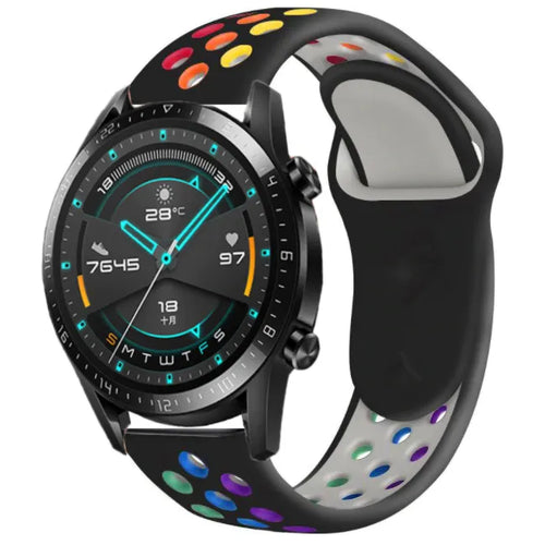 Silicone Sport Strap, black/colourful, on a watch, 3/4 front view
