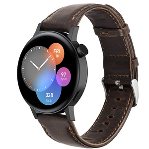 Leather Strap, dark brown, on a watch, 3/4 front view