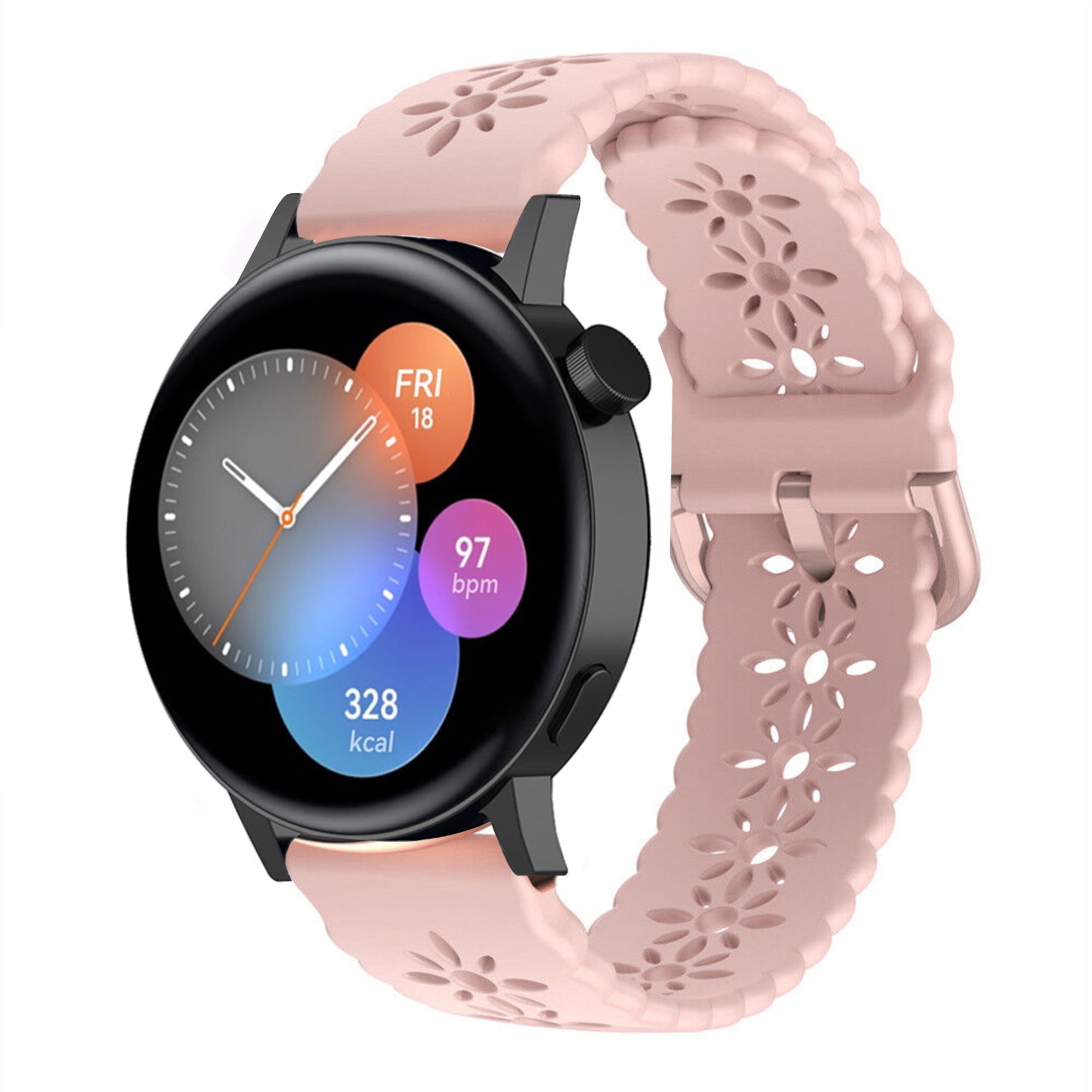 Patterned Silicone Strap, pink, on a watch, 3/4 front view