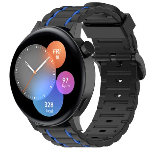 Silicone Strap 'Tough', black/blue, on a watch, 3/4 front view