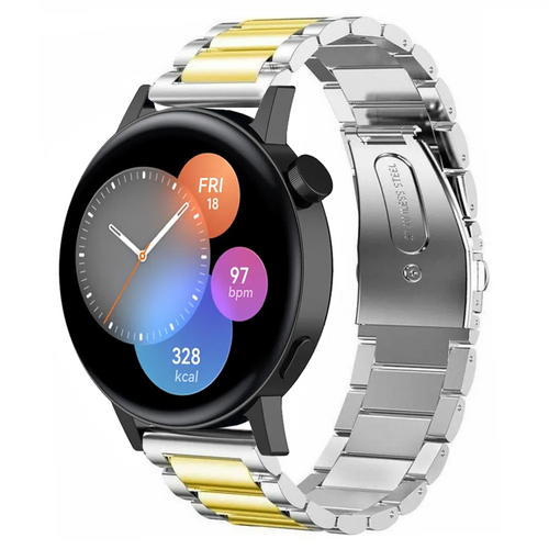 Steel Strap, silver/gold, on a watch, 3/4 front view