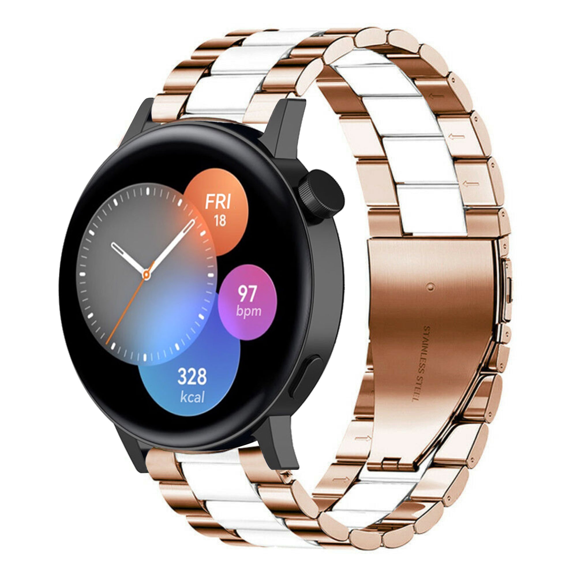Steel Strap, rose gold/white, on a watch, 3/4 front view