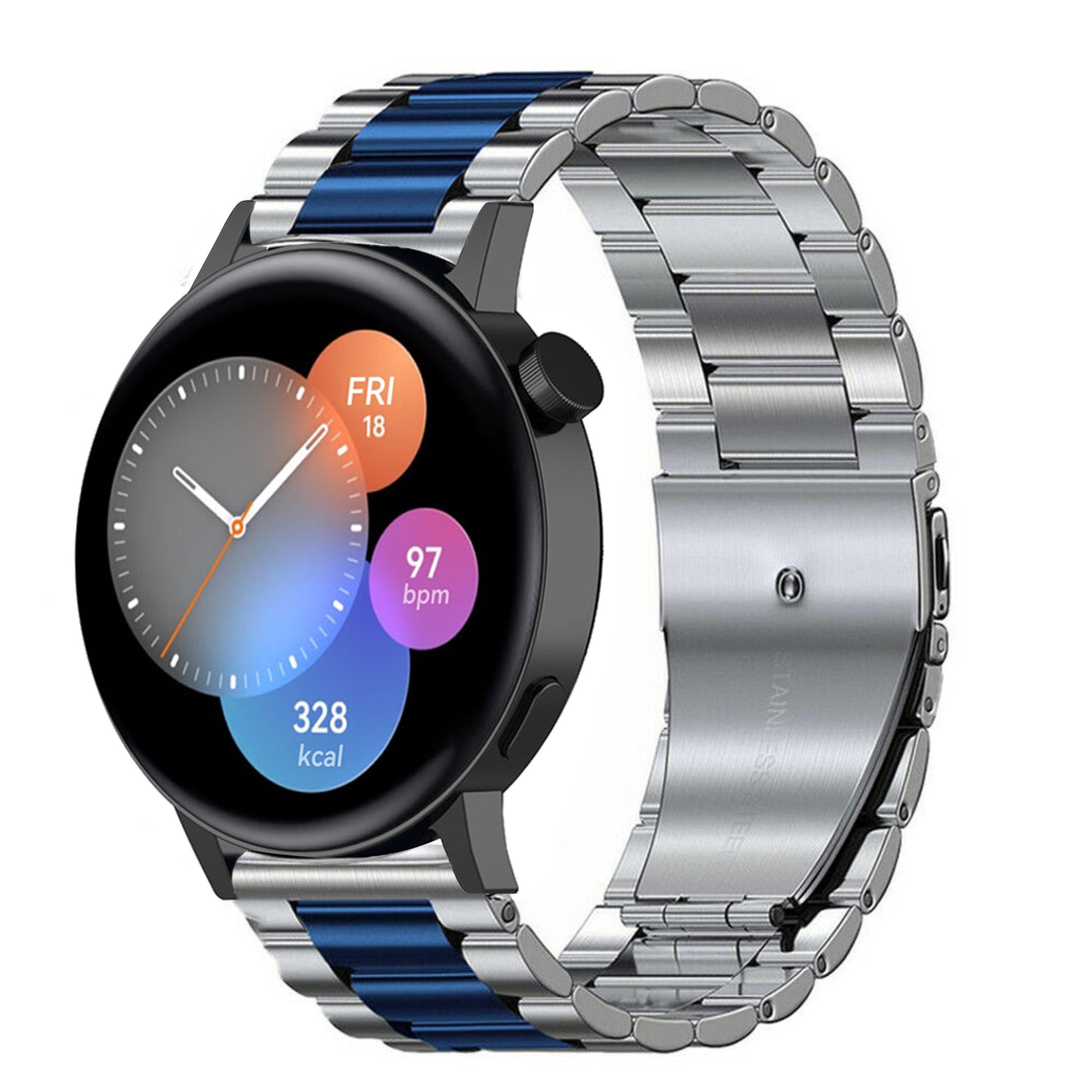 Steel Strap, silver/blue, on a watch, 3/4 front view