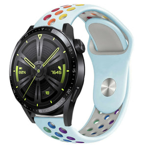 Silicone Sport Strap, light blue/colourful, on a watch, 3/4 front view
