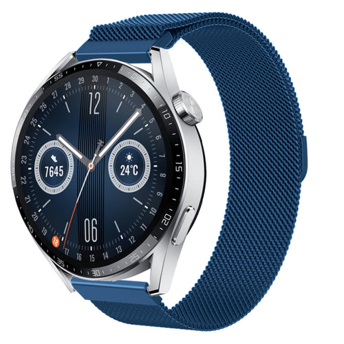 Milanese Strap, blue, on a watch, 3/4 front view