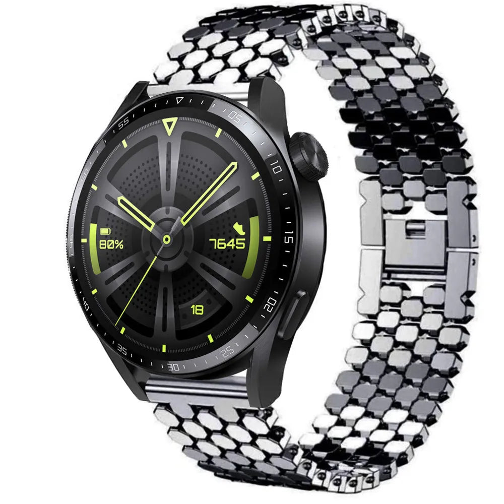Steel Strap Hexagons, black, on a watch, 3/4 front view