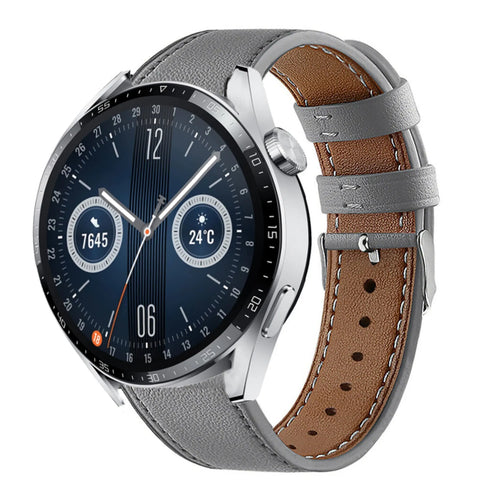 Modern Leather Strap, grey, on a watch, 3/4 front view