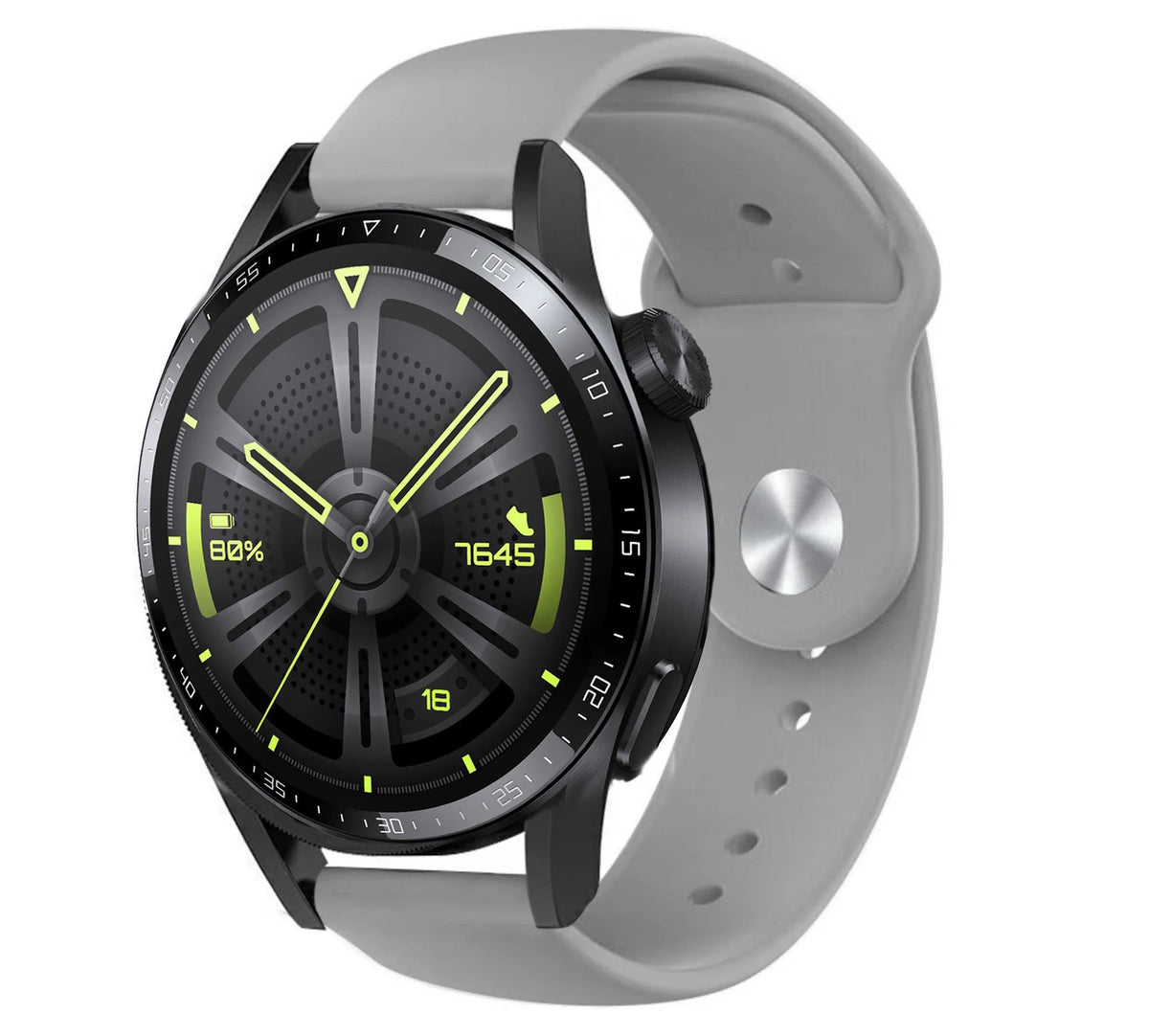 Silicone Sport Strap, grey, on a watch, 3/4 front view