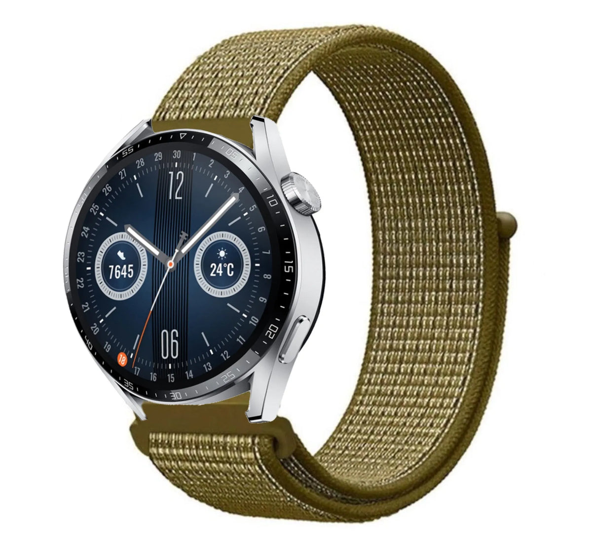 Nylon Strap, olive, on a watch, 3/4 front view