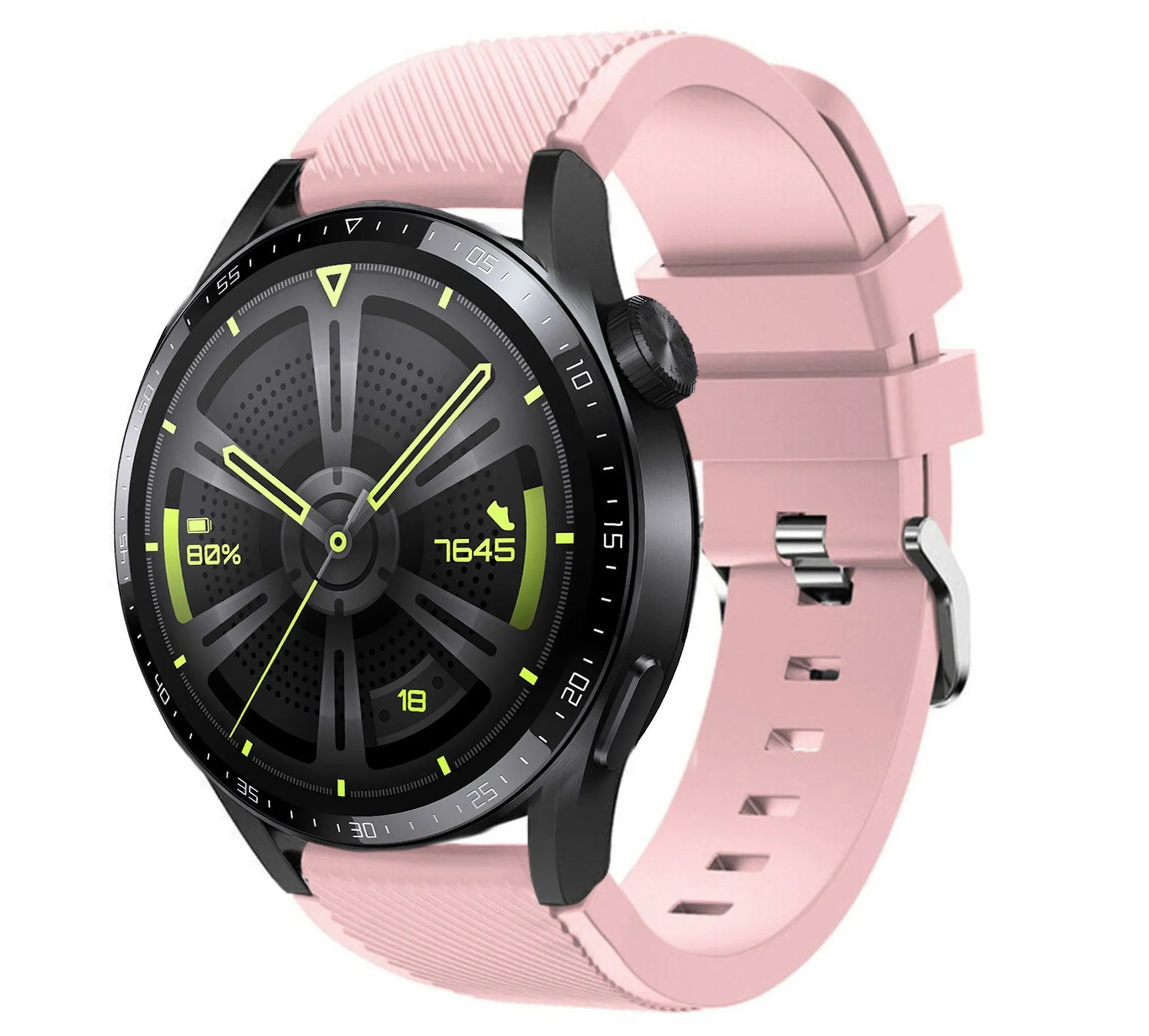 Twill Silicone Strap, pink, on a watch, 3/4 front view