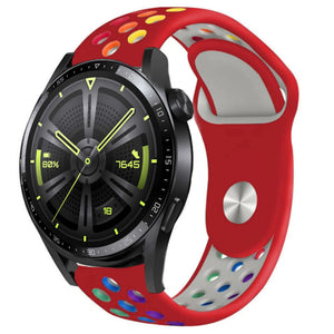 Silicone Sport Strap, red/colourful, on a watch, 3/4 front view