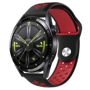 Silicone Sport Strap, black/red, on a watch, 3/4 front view