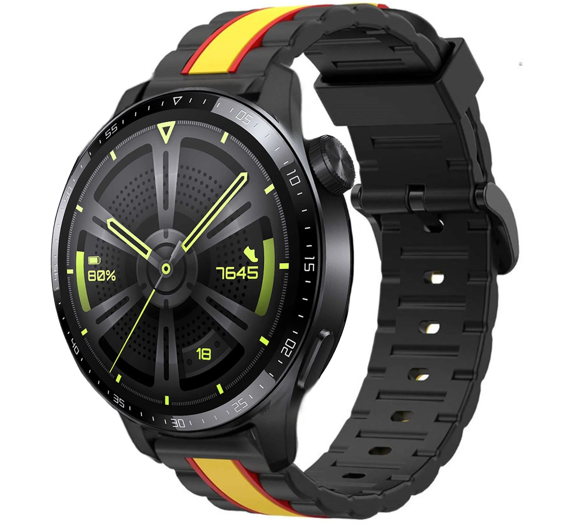 Silicone Special Edition Strap, black/yellow, on a watch, 3/4 front view