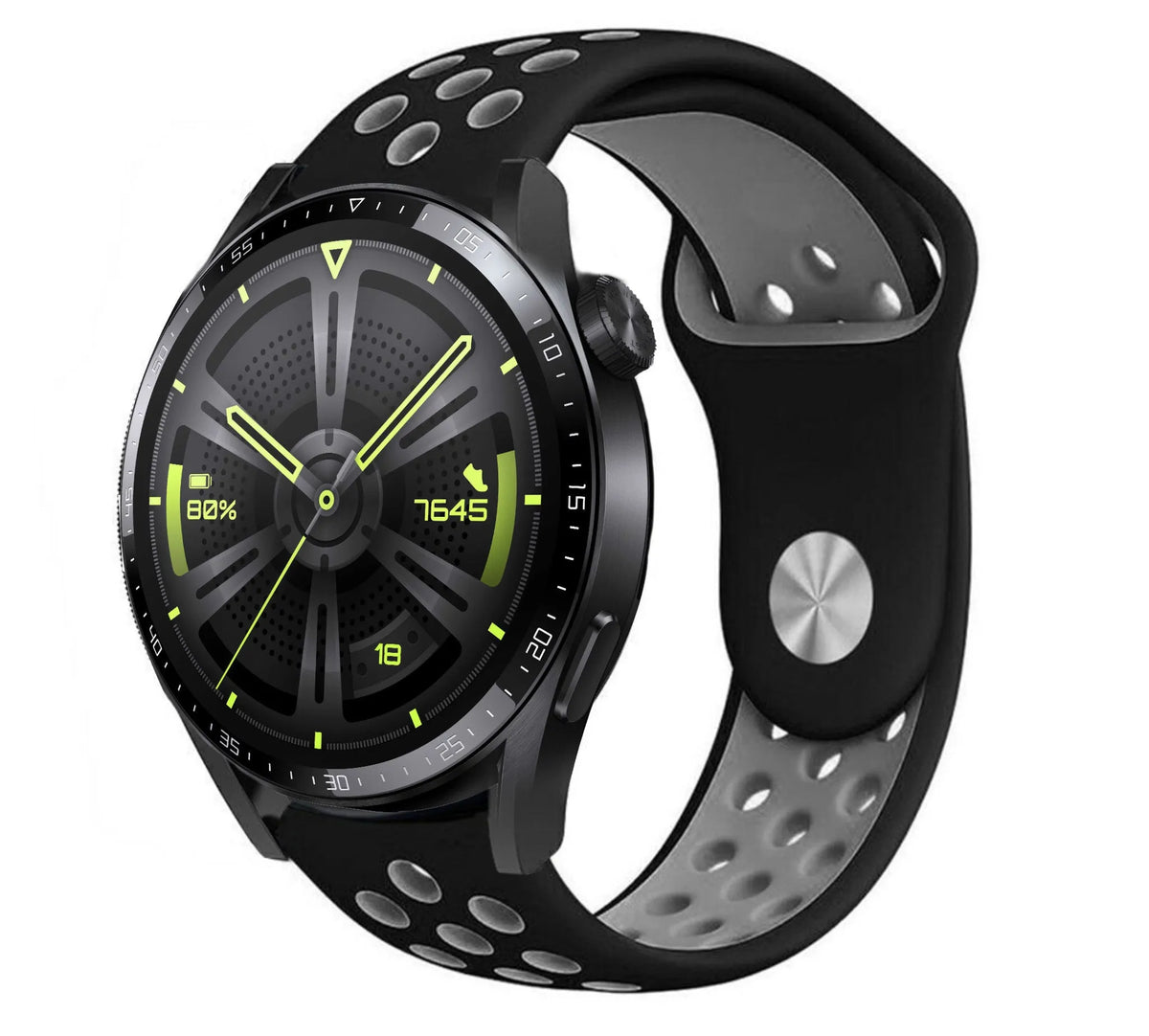 Silicone Sport Strap, black/grey, on a watch, 3/4 front view