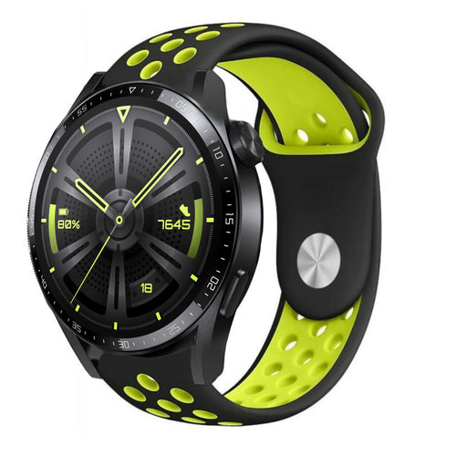 Silicone Sport Strap, black/yellow, on a watch, 3/4 front view