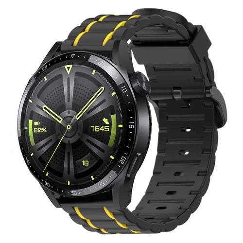 Silicone Sport Strap with Buckle, black/yellow, on a watch, 3/4 front view