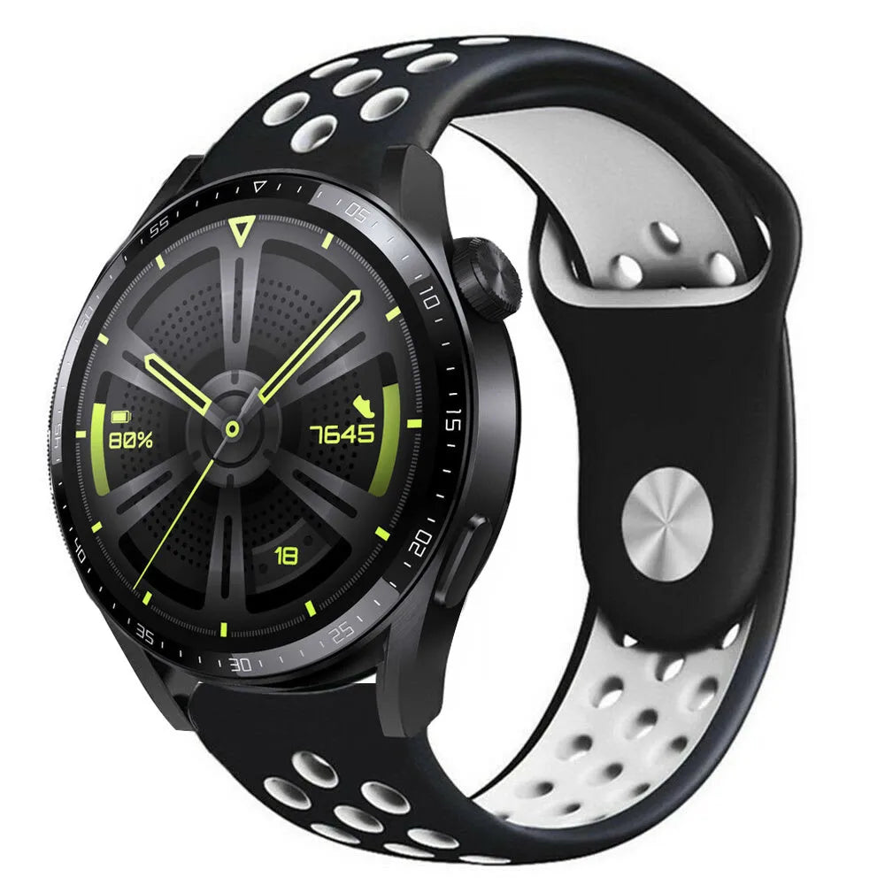 Silicone Sport Strap, black/white, on a watch, 3/4 front view
