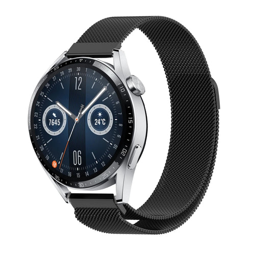 Milanese Strap, black, on a watch, 3/4 front view