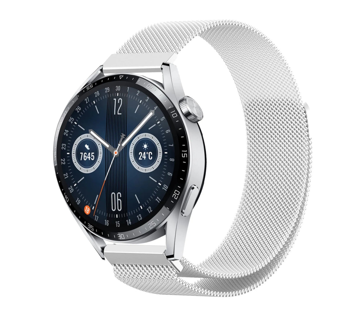 Milanese Strap, silver, on a watch, 3/4 front view