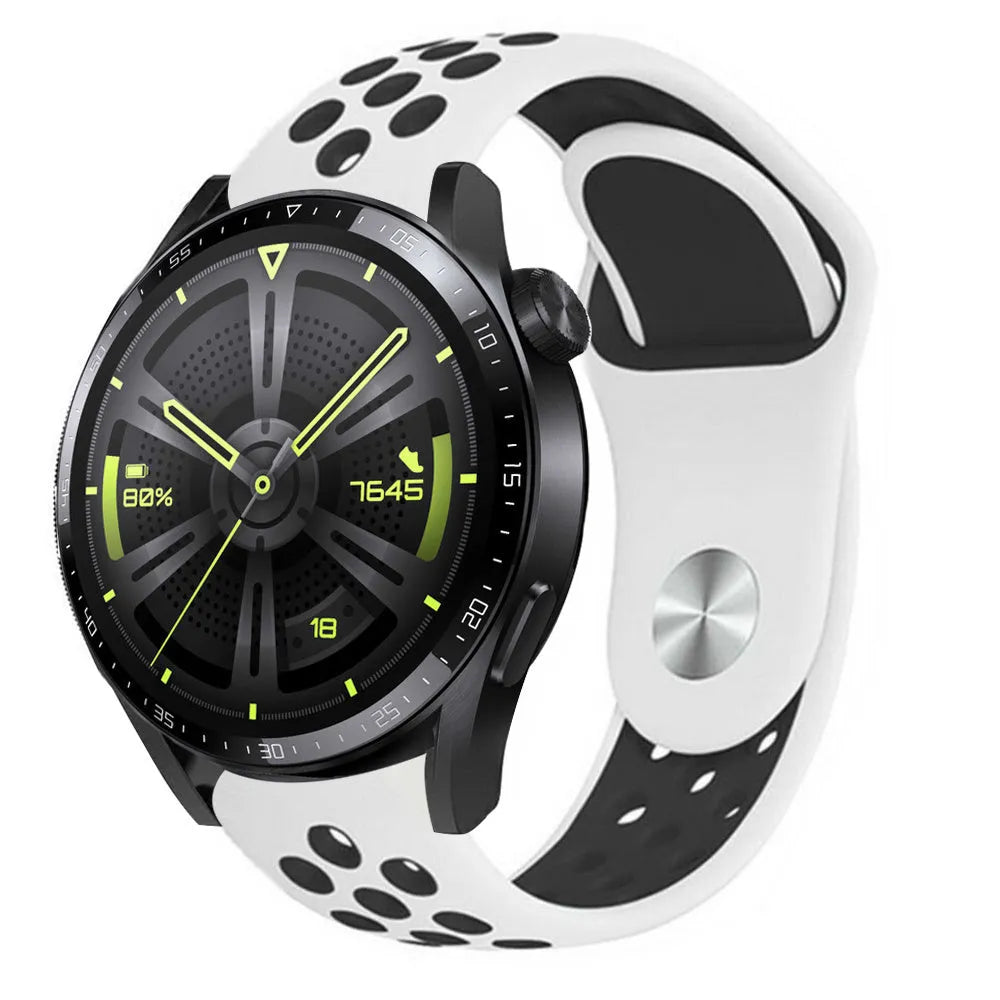 Silicone Sport Strap, white/black, on a watch, 3/4 front view