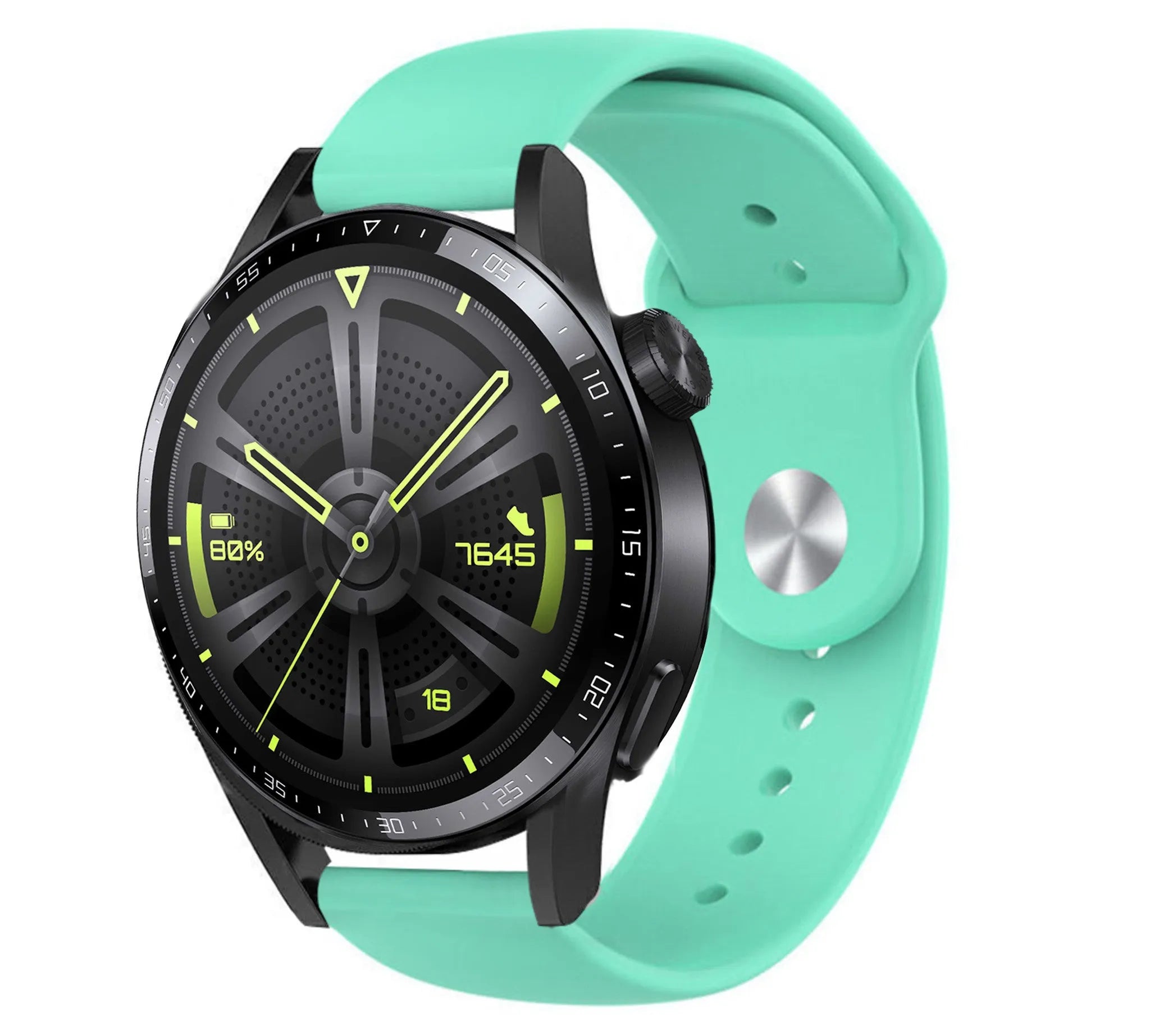 Silicone Sport Strap, aqua, on a watch, 3/4 front view