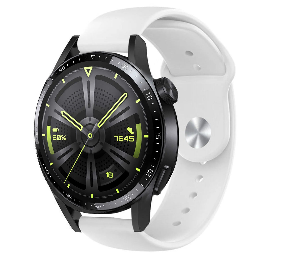 Silicone Sport Strap, white, on a watch, 3/4 front view