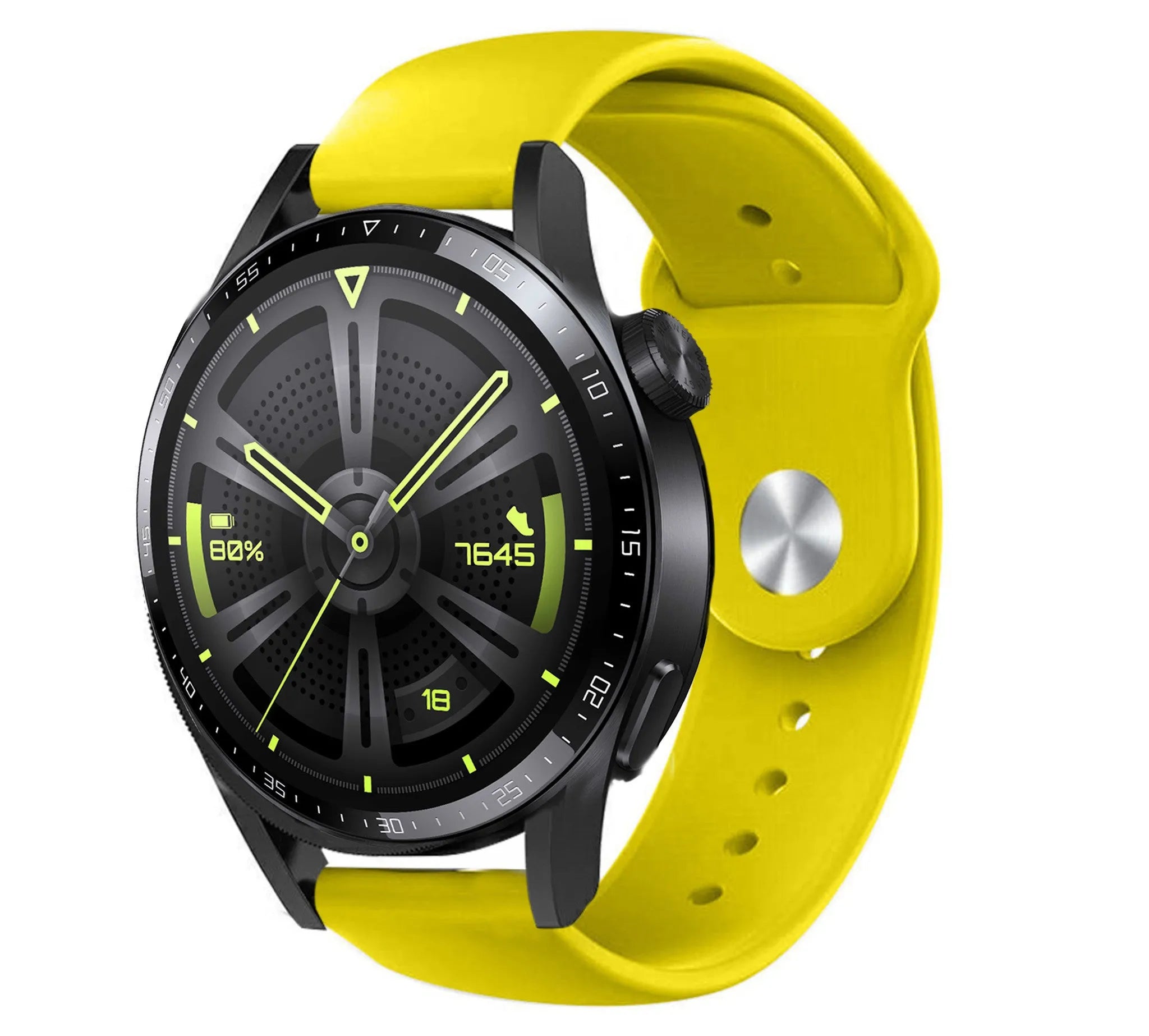 Silicone Sport Strap, yellow, on a watch, 3/4 front view