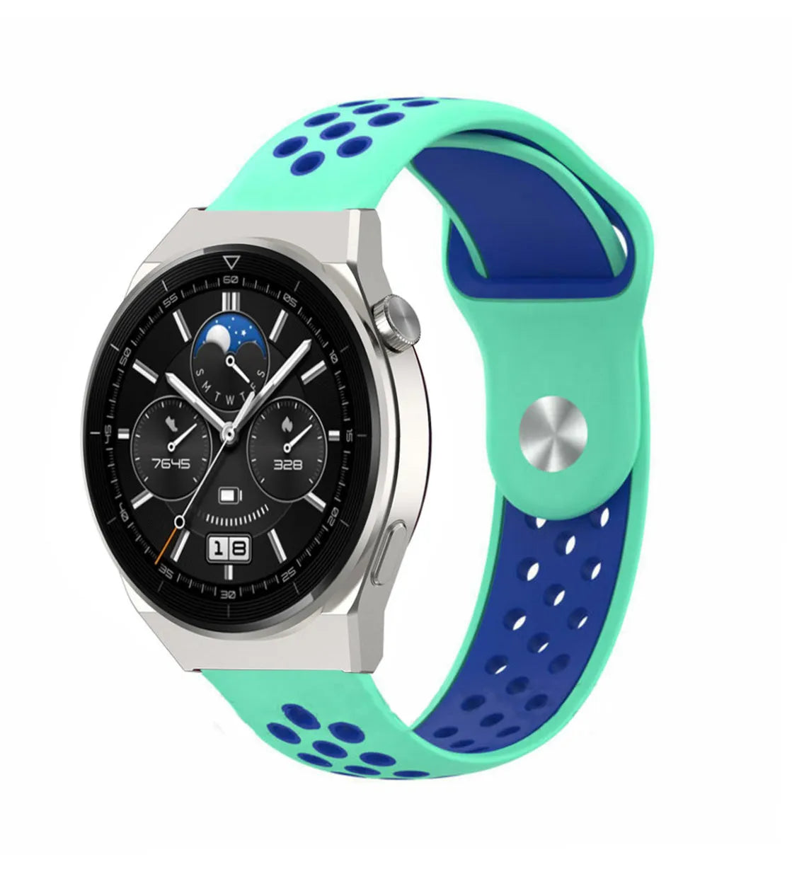 Silicone Sport Strap, aqua/blue, on a watch, 3/4 front view