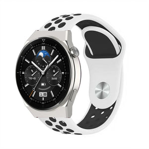 Silicone Sport Strap, white/black, on a watch, 3/4 front view