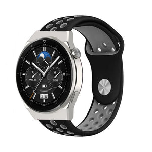 Silicone Sport Strap, black/grey, on a watch, 3/4 front view