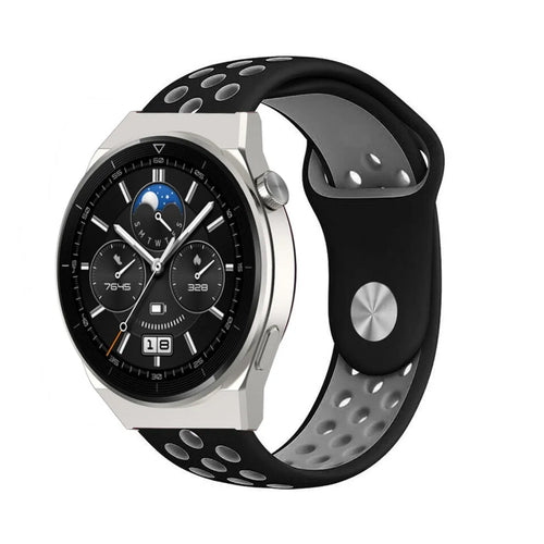 Silicone Sport Strap, black/grey, on a watch, 3/4 front view