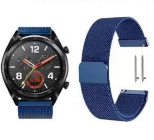 Milanese Strap, blue, on a watch, 3/4 front view