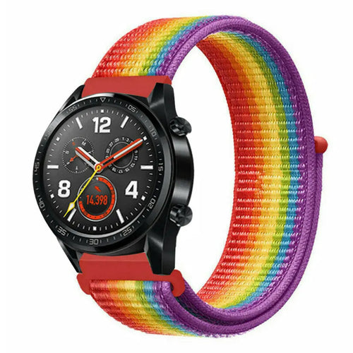 Nylon Strap, rainbow, on a watch, 3/4 front view