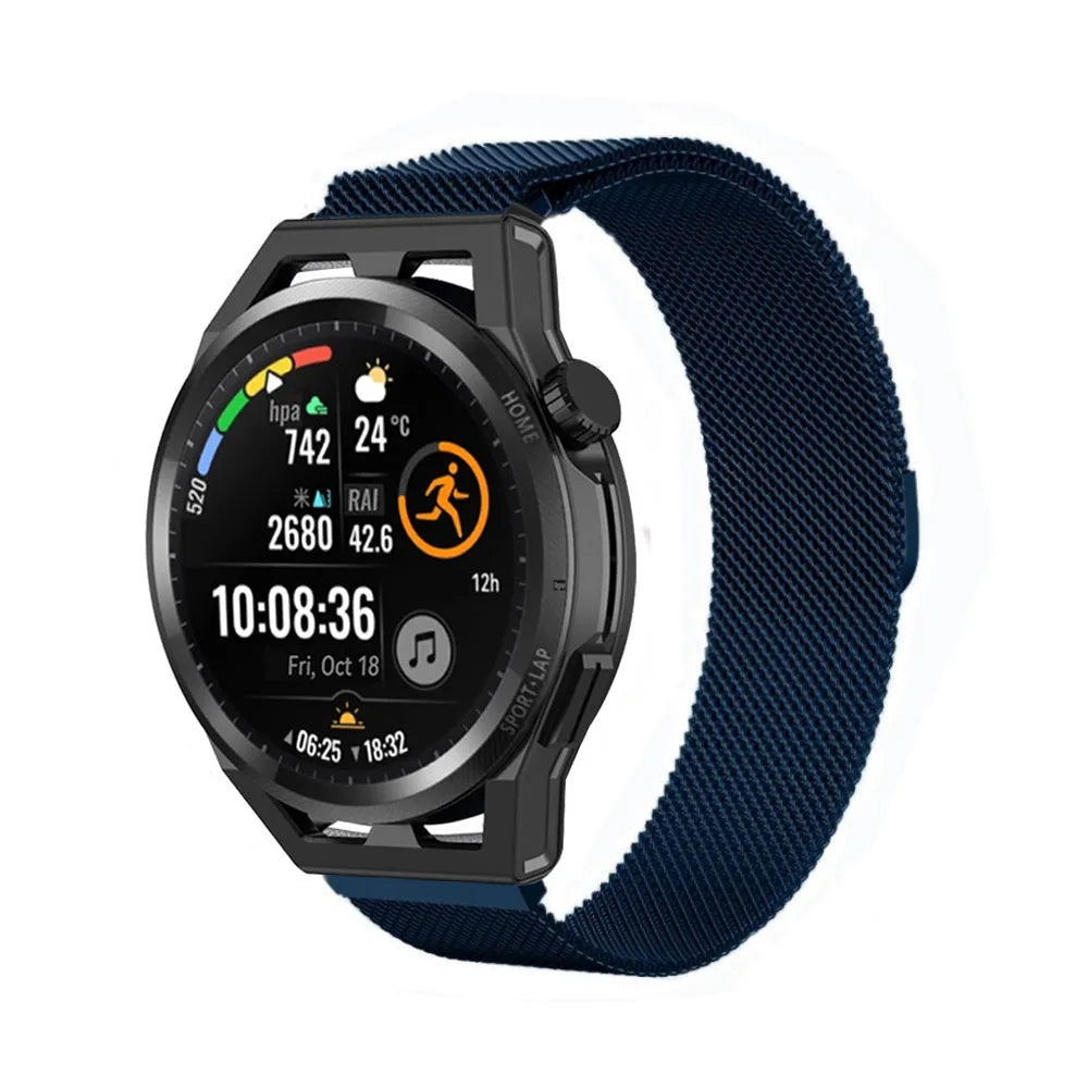 Milanese Strap, blue, on a watch, 3/4 front view
